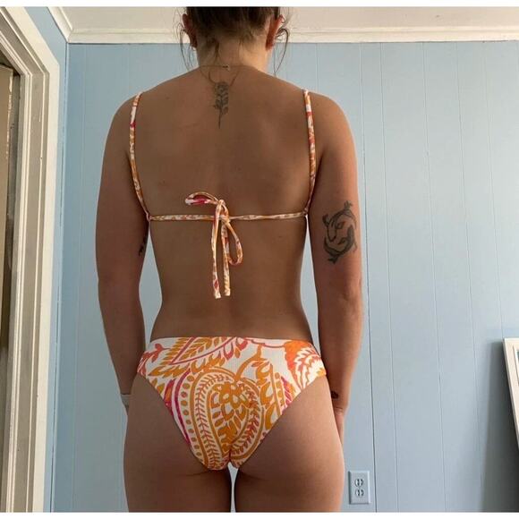 New Small Orange Pink Paisley Print Square Neck‎ Bandeau Bikini Halter Swimsuit - Picture 4 of 6